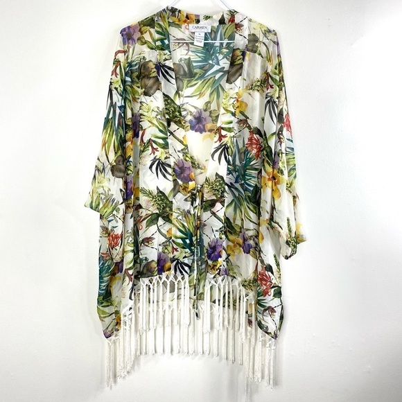 Carmen Marc Valvo Tropical Floral Kimono Tops - Picture 2 of 7
